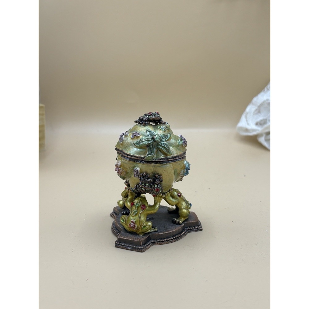 Jeweled Enameled Egg Frog Trinket Box Green Crystal Collectible Pewter Figurine